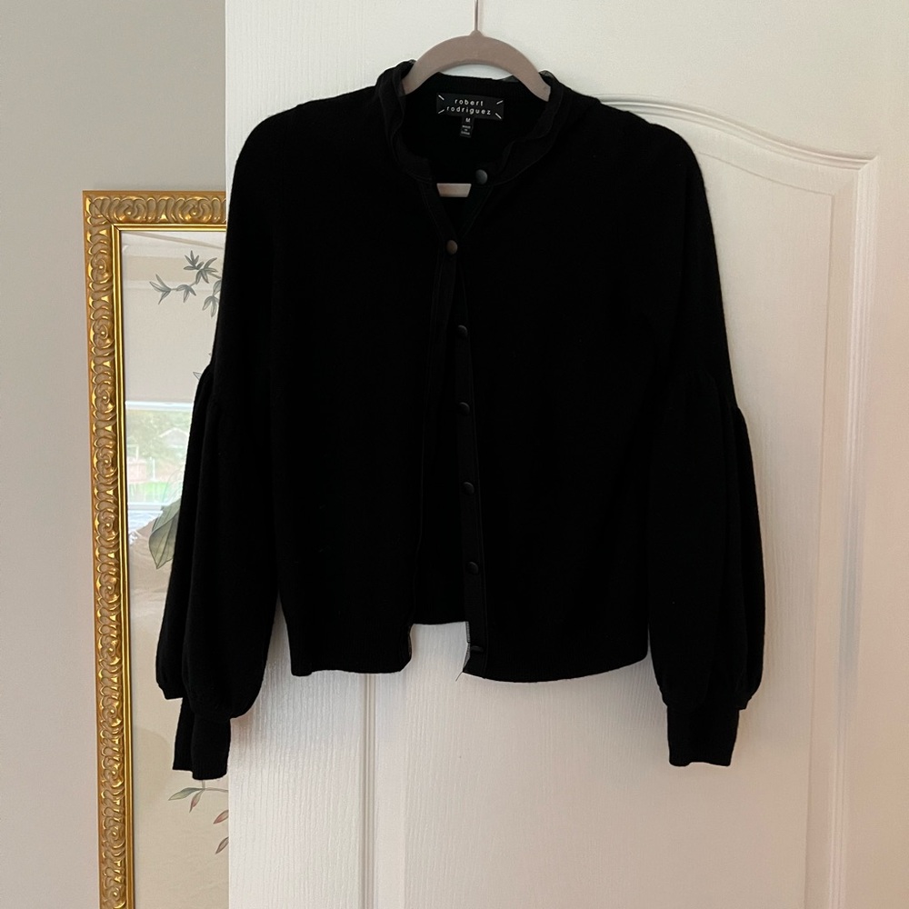 Black cashmere bell sleeve cardigan with tulle detail